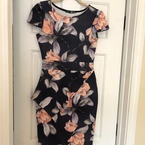 Grey/blue floral midi-dress - Size 6